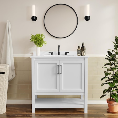 Flash Furniture Vega 36in. Vanity w/Sink, Black Hardware, Soft Close Doors & Open Shelf, Carrara Marble, Wht/Wht FS-VEGA36-WH-HDBLK-GG