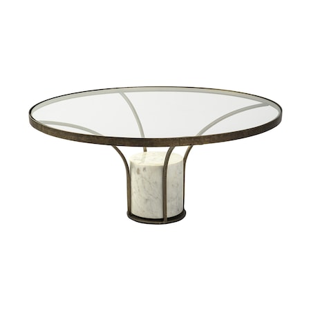 Homeroots 36" Antiqued Gold And White Glass Iron and Marble Round Pedestal Coffee Table 376310