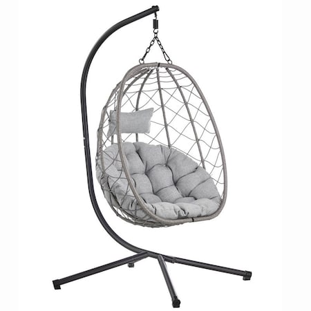 Leisuremod Summit Foldable Egg Swing Chair with Stand, Grey UV-Resistant Wicker, & Weatherproof SSCGR-35LGR