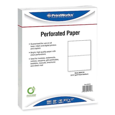 Printworks Professional Perforated and Punched Paper, 20 lb Bond Weight, 8.5 x 11, White, 2500PK 04116