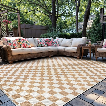 World Rug Gallery Contemporary Checkered Weather Resistant Reversible Indoor/Outdoor Rug 7 ft 10 in x 10 ft Natural WR114NATURAL8X10