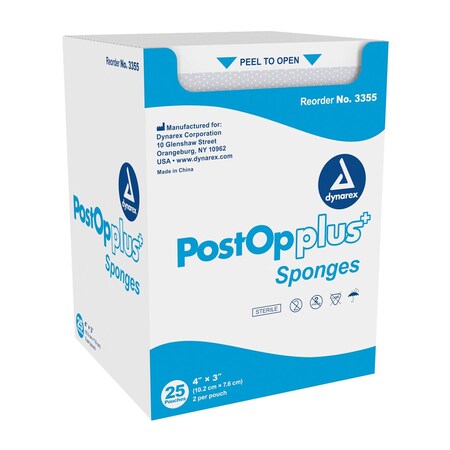Dynarex Post Op Plus Sponge, 4"x3", 600PK 3355