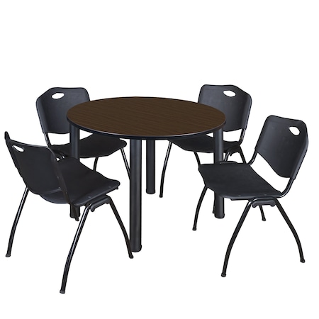 Regency Round Kee Breakroom Table W/ 4 M Stack Chairs, 42 in W, 42 in L, Neo Walnut TB42RNDNWBPBK47BK
