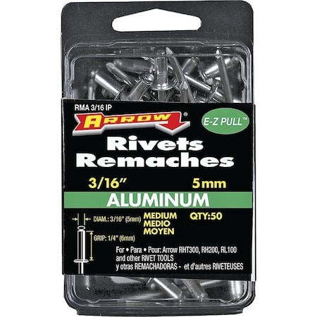 Arrow Lock Pop Rivet, Medium, 1/4 in L, Aluminum, 50PK RMA3/16IP
