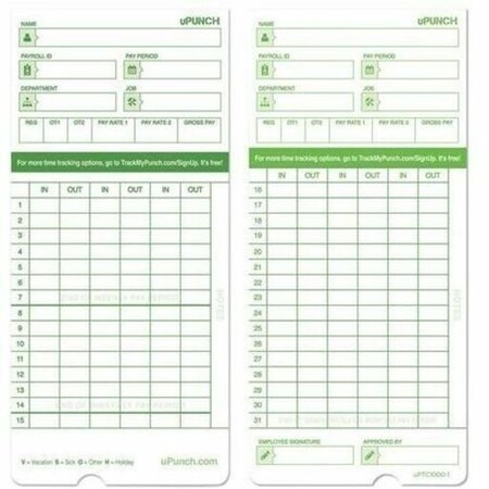 Upunch Time Clock Cards for HN1000/HN3000/HN3600, Two Sides, 7.5 x 3.5, 100PK HNTCG1100