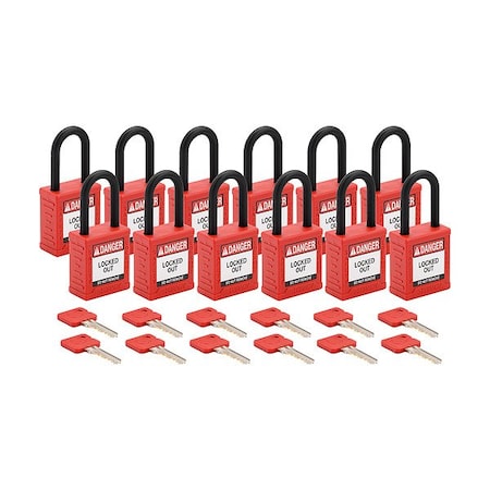 Brady Padlock, Keyed Alike, Nylon, Red, 1 1/2 in Shackle Height, 1 1/2 in Body Width, 12 No. of Keys SDPL-RED-38PL-KA12