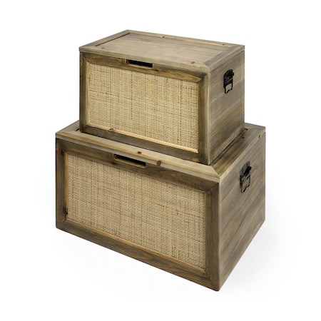 Homeroots Set of Two Brown And Natural Cane And Solid Wood Box With Lid, 2PK 392593