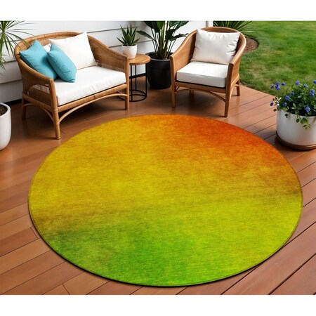 Homeroots 8' Terra Cotta Gold And Green Round Ombre Washable Indoor Outdoor Area Rug 577279