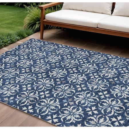 Homeroots 10' X 14' Navy Blue And Ivory Floral Washable Indoor Outdoor Area Rug 595978