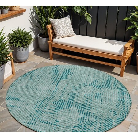 Homeroots 8' Teal Blue And Gray Round Geometric Washable Indoor Outdoor Area Rug 594589