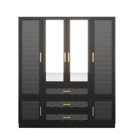 Homeroots 71" Black Gray And Gold Carved Geometric Mirrored Six Door Three Drawer Combo Dresser 569305