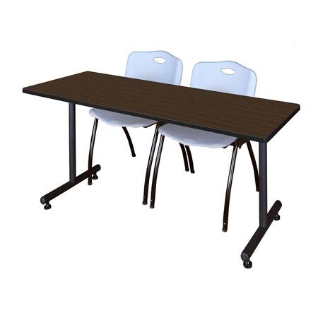 Regency Kobe T-Base Training Seminar Table W/ 2 M Stack Chairs, 72 in W, 24 in L, Neo Walnut MKTRCT7224NW47GY