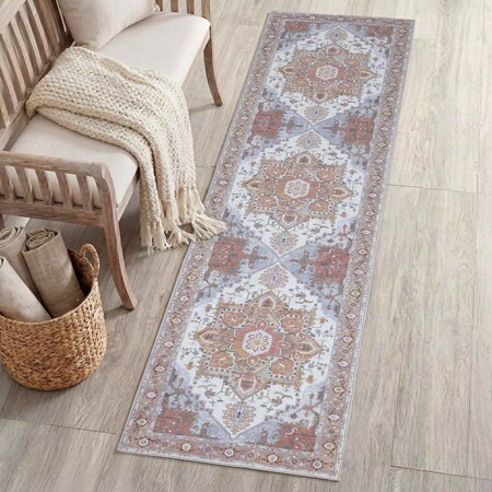 Jonathan Y Sersi Ornate Large Medallion Border Non-Slip Machine-Washable Rose Clay/Cream 2ft x 8ft Runner Rug WSH505G-28