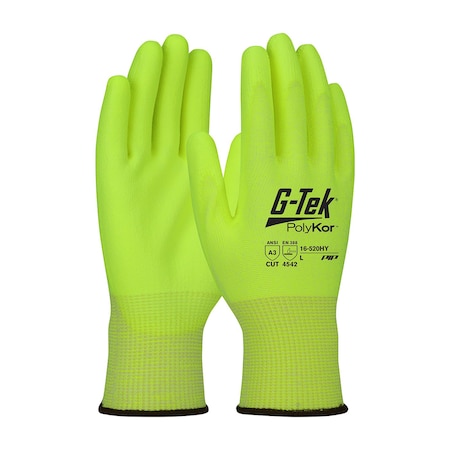 G-Tek Hi-Vis Seamless Knit A3 PolyKor Blended Glove w/Polyurethane Coated Flat Grip on Palm&Fingers, 12PK 16-520HY/S