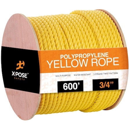 Xpose Safety 600 ft Twisted Poly Rope, 3/4, Yellow Floating Poly Pro Cord, Reduced Slip, Easy Knot, Flexible YPR34-600-X
