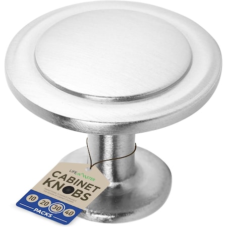 Lifemaster 1-1/4in Cabinet Knobs, Brushed Nickel, Modern Zinc Alloy, Adjustable Screws, 30PK LMKNBNICK30