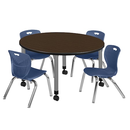 Regency Round Kee Mobile Adjustable Classroom Table W/ 4 Andy Chairs, 48 in W, 48 in L, Neo Walnut TB48RNDNWAPCGY45NV