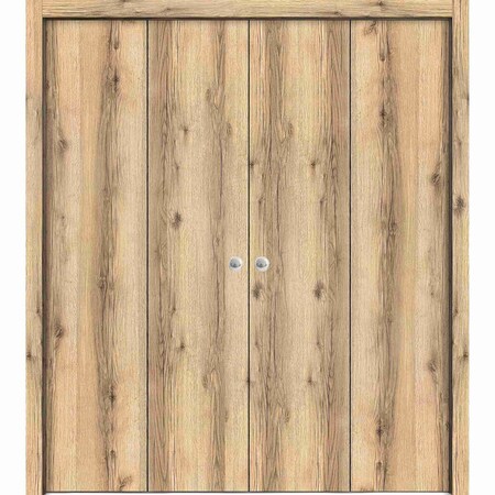 Sartodoors Sliding Closet Double Bi-fold Doors, Planum 0010 Oak, Sturdy Tracks Moldings Trims Hardware Set, Wo PLANUM0010DBF-DUB-72 x 84 (4* 18x84)