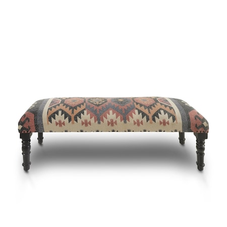 Homeroots 47in Beige Brown and Rust and Black Jute and Wool Blend Upholstered Southwest Distressed Bench 483750