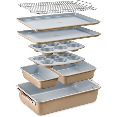 Bakken-Swiss Bakken 8-Piece Stackable Bakeware Set, Ceramic Non-Stick, PTFE, PFOA and PFOS Free, Oven-Safe BKCRSTBKGLD