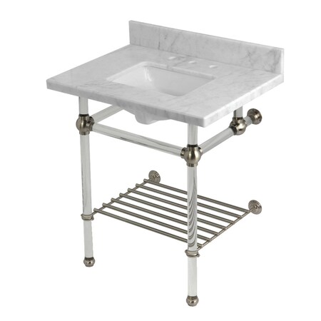 Kingston Brass 30-Inch Carrara Marble Console Sink with Acrylic Legs and Shelf, 8-Inch, 3-Hole KVPB30MASQB8