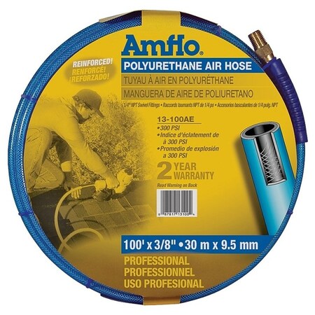 Amflo Air Hose, 3/8 in OD, 100 ft L, MNPT, 300 psi Pressure, Polyurethane, Blue 13-100AE