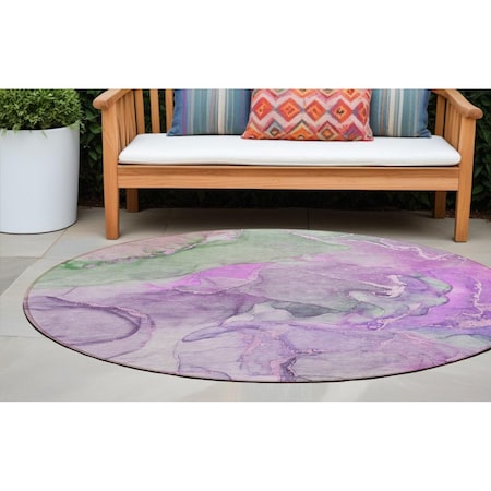 Homeroots 8' Round Purple Round Abstract Washable Non Skid Indoor Outdoor Area Rug 559191