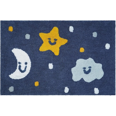 Homeroots 32" White Blue And Yellow Cotton Clouds and Stars Youthful Bath Rug 634898