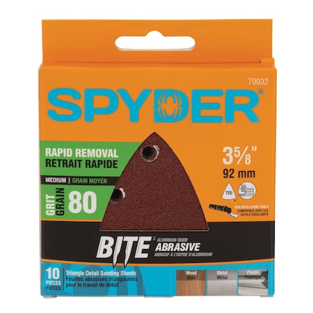 Spyder 3-5/8-Inch 80-Grit Aluminum Oxide Triangular Detail Sanding Sheets, 10PK 70032