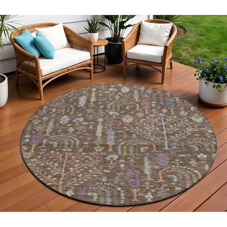 Homeroots 8' Brown Purple And Blue Round Floral Washable Indoor Outdoor Area Rug 605261