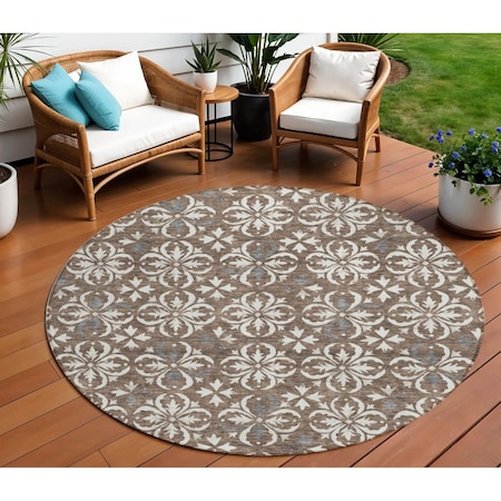 Homeroots 8' Brown Gray And Beige Round Floral Washable Indoor Outdoor Area Rug 595933