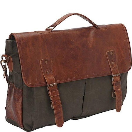 Sharo Leather Laptop Messenger Bag & Brief, Brown & Green Canvas CL-400