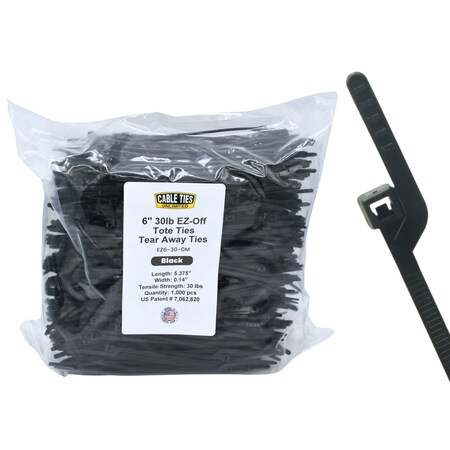 Cable Ties Unlimited Easy-Off Tote Cable Tie, 6 in L, 30 lb Strength, 1.4 in Max Bundle Dia, Nylon 6/6, Black, 1000PK EZ6-30-0M