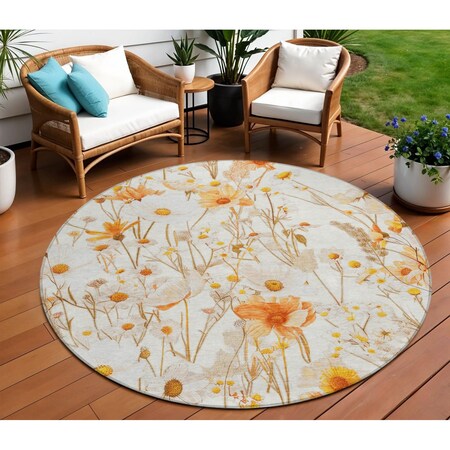 Homeroots 8' Ivory And Beige Round Floral Washable Indoor Outdoor Area Rug 611146