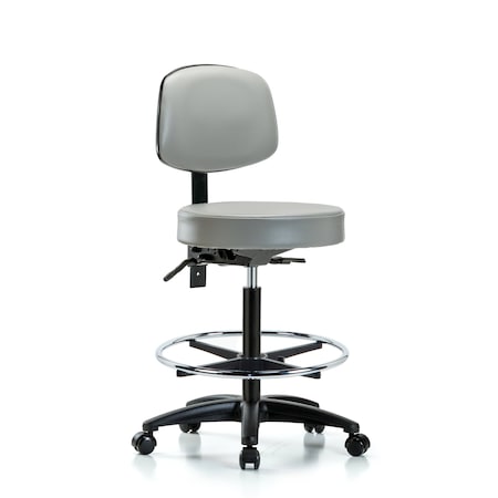 Blue Ridge Ergonomics Vin Stool with Back-High Bench Ht with Seat Tilt, Chr Foot Ring, and Casters in Dove Trailblazer Vin BR-VHBST-RG-T1-CF-RC-8567