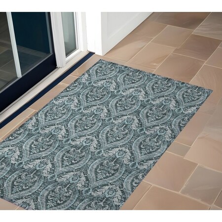 Homeroots 3' X 5' Teal Damask Washable Non Skid Indoor Outdoor Area Rug 563901