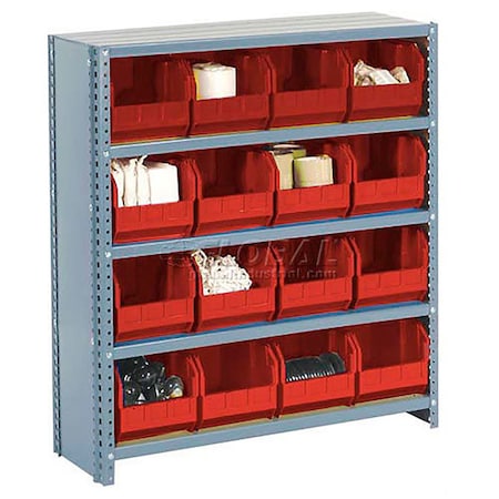 Global Industrial Steel Closed Shelving with 16 Red Plastic Stacking Bins 5 Shelves - 36x18x39 603262RD