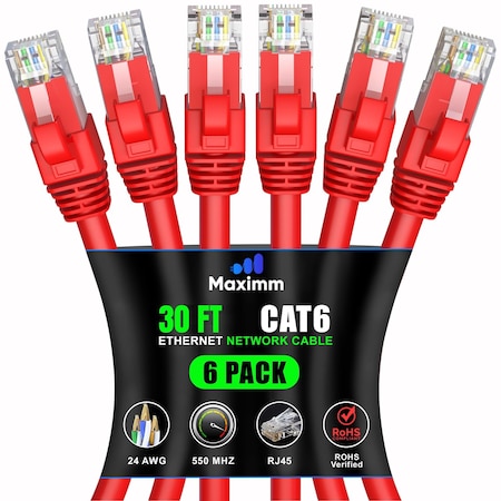Maximm Cat6 Ethernet Cable 30ft 10Gbps 550MHz UTP, 6PK, Red, 6PK CAT6-CCA-30FTRED-6PK