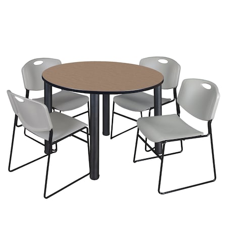 Regency Round Kee Breakroom Table W/ 4 Zeng Stack Chairs, 48 in W, 48 in L, Noble Oak TB48RNDNOBPBK44GY