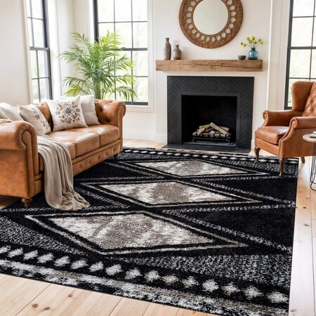 World Rug Gallery Geometric Grid Pattern Shag Area Rug 7 ft 10 in x 10 ft Anthracite WR129ANTHRACITE8X10