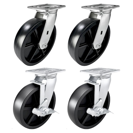 Hyw Products Heavy Duty Caster Set 8in Plastic Wheels, 2 Swivel & 2 Swivel with Brake, 4PK 40-80S-A1-HP-2,40-80S-A1-HP-TB-2