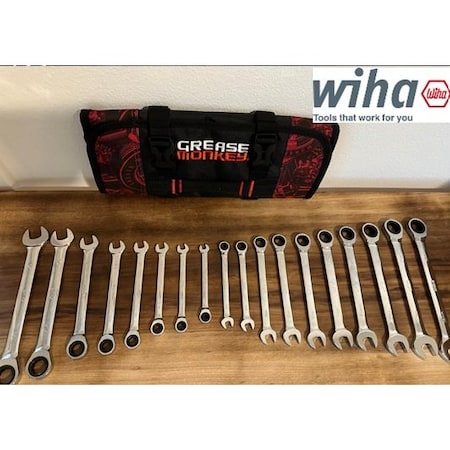 Wiha Combination Metric and SAE Ratcheting Wrenches, 18 Pieces w/a Grease Monkey 19 Pocket Rollup Pouch RATCHET18PC