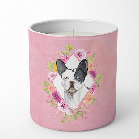 Jensendistributionservices 10 oz Black & White Frenchie Pink Flowers Decorative Soy Candle MI2553605