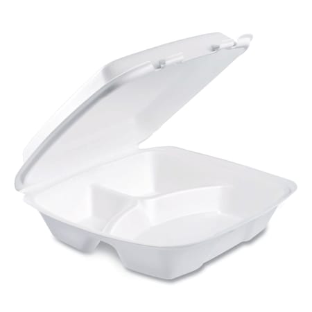 Dart Foam Hinged Lid Container, 3-Comp, 9 x 9 2/5 x 3, White, PK200 90HTPF3R