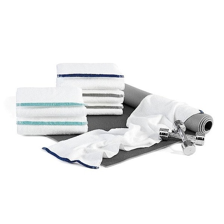 R & R Textile Fitness Towel, 44 in L, White/Aqua Border E529-U-WHT-1-3000