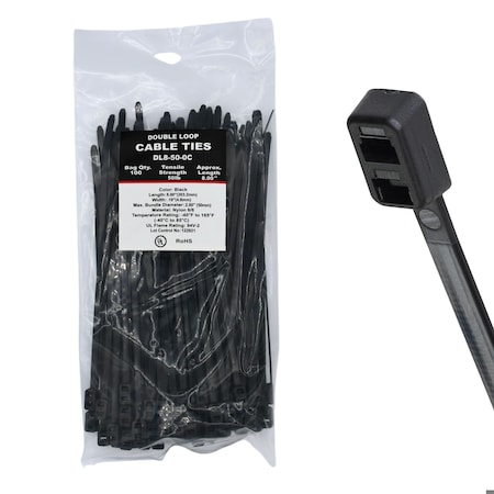 Cable Ties Unlimited Double Loop Cable Tie, 8 in L, 50 lb Strength, 2.0 in Max Bundle Dia, Nylon 6/6, UV res, Black 100PK DL8-50-0C