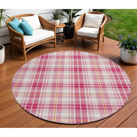 Homeroots 8' Blush Ivory And Copper Round Plaid Washable Indoor Outdoor Area Rug 597089