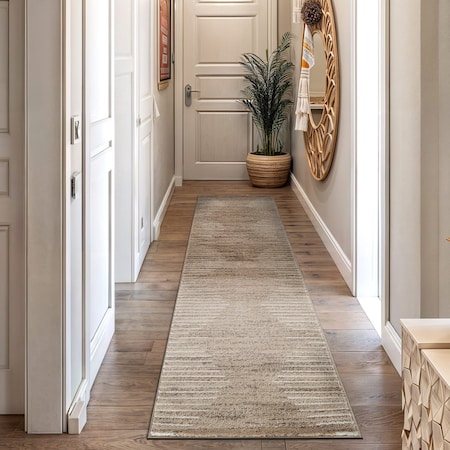 World Rug Gallery Bohemian Stripe Stain Resistant Runner Rug 2 ft x 7 ft Beige 385BEIGE2X7