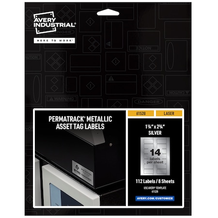 Avery Durable Metallic Asset Tag Labels, PK112, Film, 9.44 in W, 1-1/4" x 2-3/4" Dia., Silver, Rectangle 61528