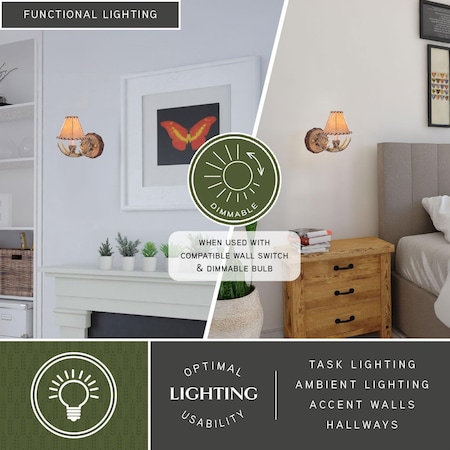 Vaxcel Lodge 1 Light Rustic Wood Antler Armed Wall Sconce Faux Leather Shade WL33041NS